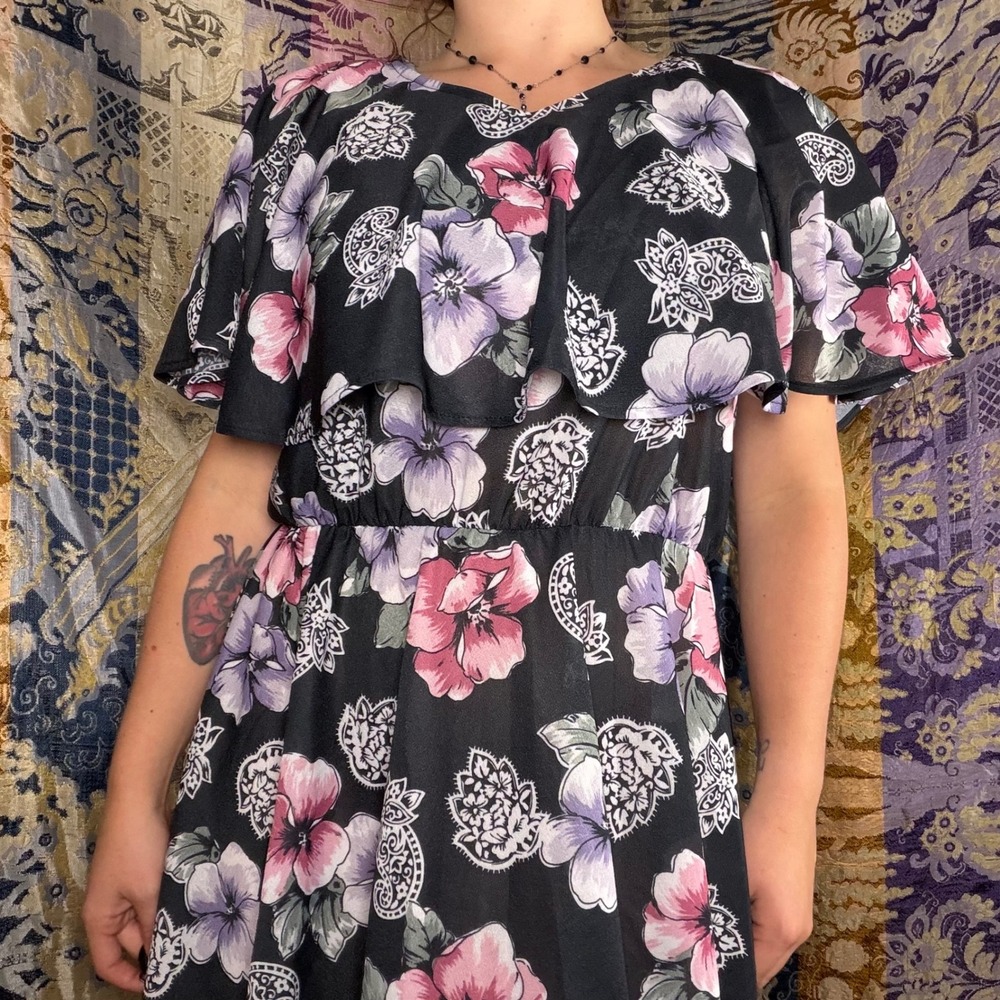 Vintage Whimsigoth Gray Pink Moody Floral Dark Romantic Prairie Dress Size XL